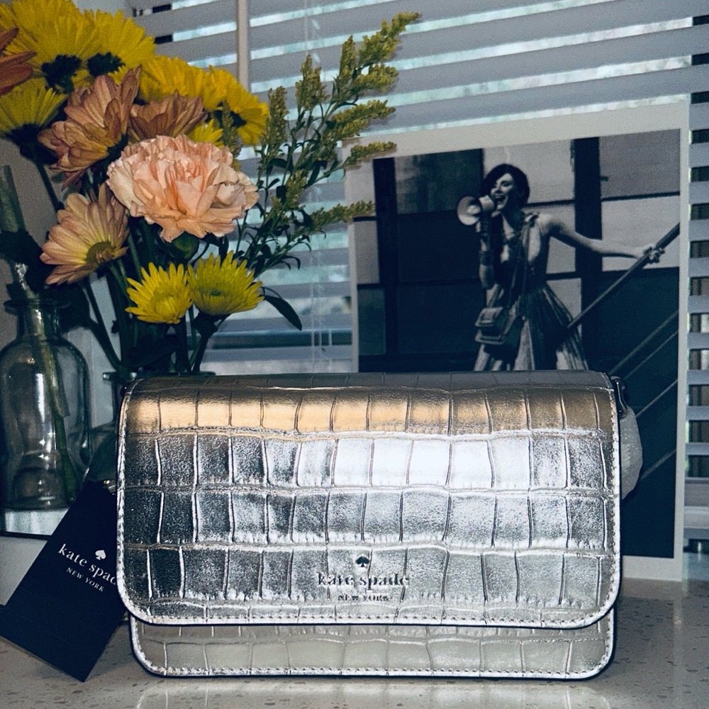 ♠️ Kate Spade Madison Croc Embossed Mini Crossbody & Slim Card Holder Silver NWT - Picture 6 of 17